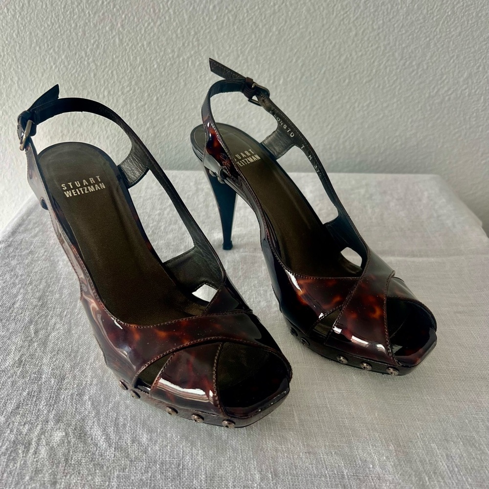Stuart Weitzman Patent Leather Tortoise Shell Peep Toe Slingback Pumps. …